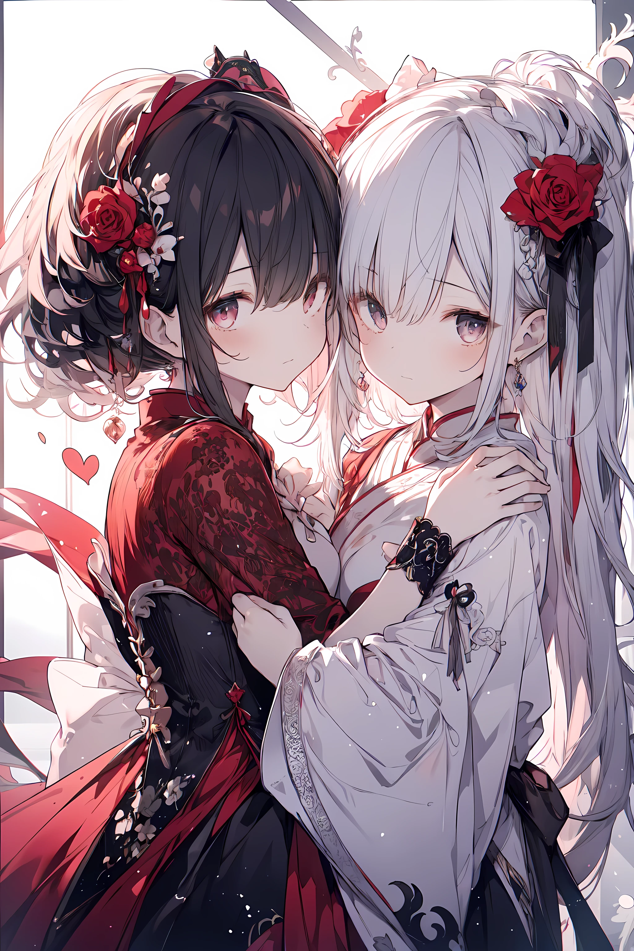 (masterpiece), highest quality, expressive eyes, Two girls standing next to each other, by Pu Hua, Featured on Art Station, gothic art, Black and white with red heart, Beautiful Gemini twins portrait, Streaming on Twitch, with long white hair, reddish, Hand in hand, anthro, beautifully rendered, hug