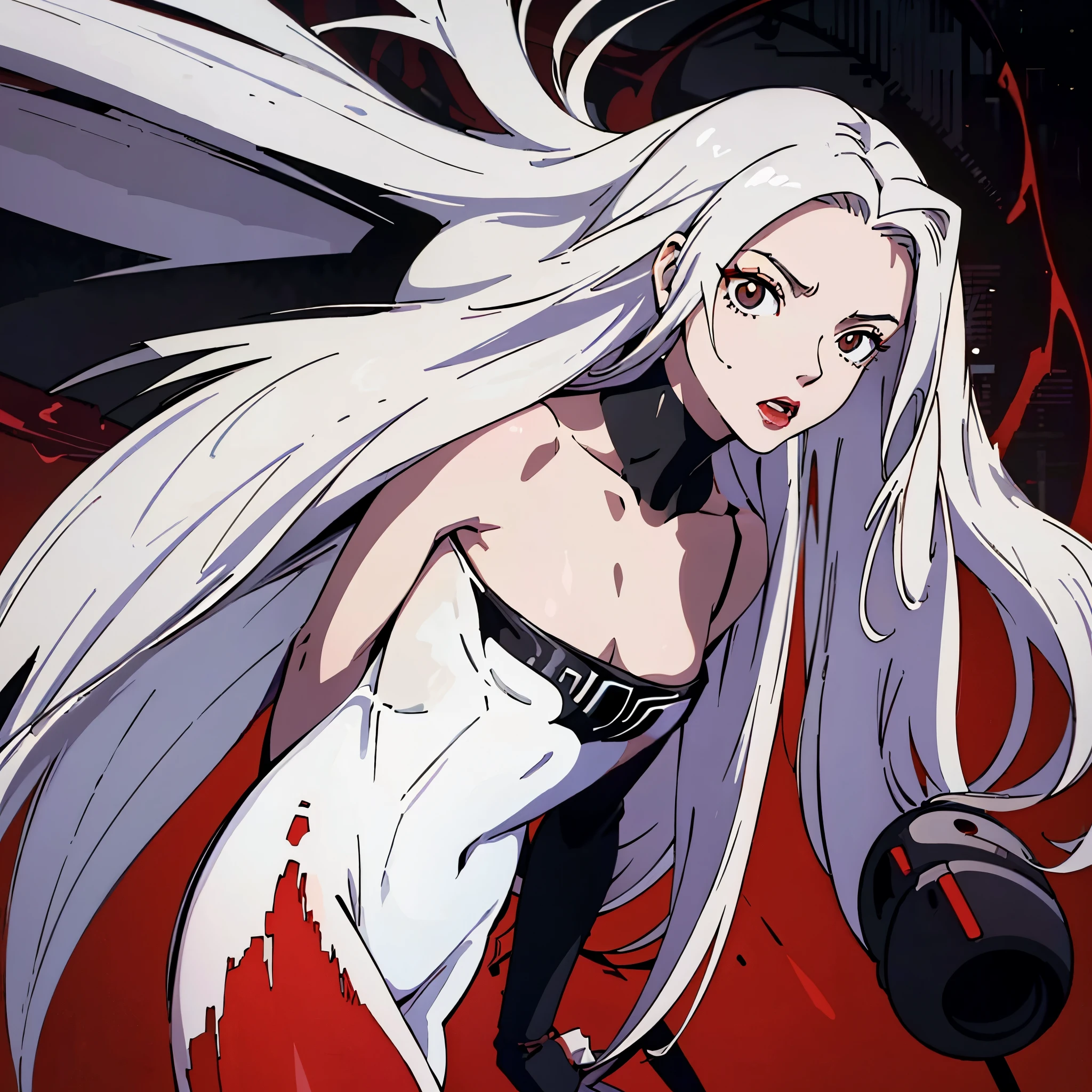 digital art drawing, illustration of (woman, long white hair mid part, brown eyes, sexy facial expression, black clothes, deep v neck body suit, flat chest, red lips, cyberpunk, plain red background), anime drawing/art, bold linework, illustration, digital art, masterpiece, flat illustration, no shadows, 8k resolution, high detail, vector art, only anime, perfect eyes, perfect hands, perfect fingers, sharpness, high clarity, medium shot, high fidelity
