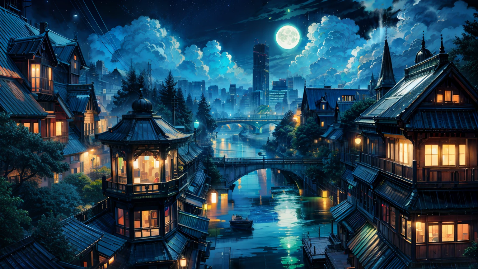 Neon green color theme illustration,moon, city ,rainy night, water reflection  , 4K HD, moon, cloud,ocean, moon reflection,beautiful art uhd 4k, beautiful artwork illustration, beautiful digital painting, Highly detailed digital painting, beautiful digital artwork, detailed picture 4k, Highly detailed digital painting, Picturesque, rich colors, colorful digital painting