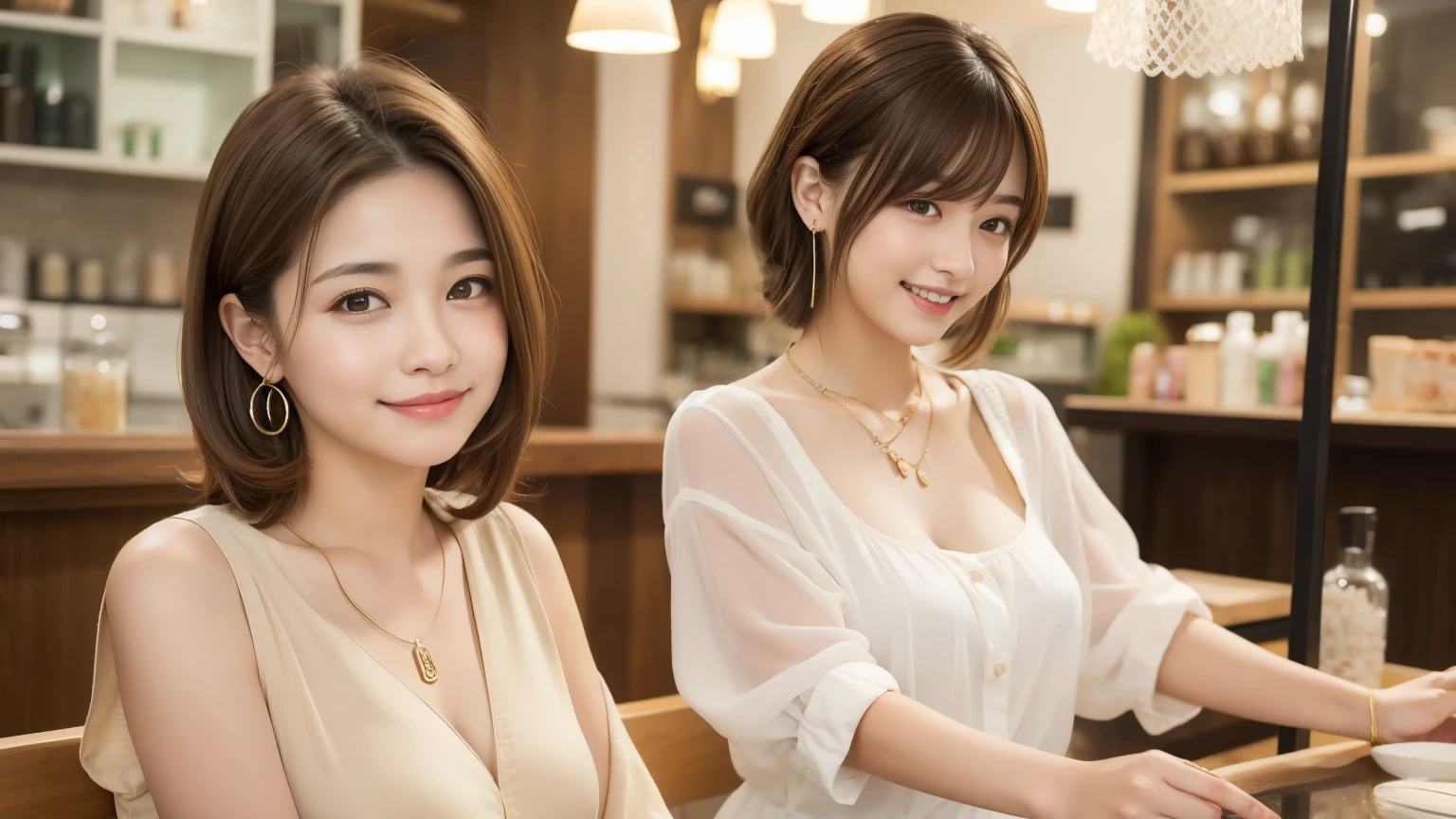 super high quality, short hair, thin, Photography Sculpture, The staff is working at the counter in the back.., (8k、RAW Photos、highest quality、masterpiece:1.2), Japanese Idols, Shaggy, Stylish cafe, People having fun at the cafe々Bustling with., (Realistic、Realistic:1.37), Mesh Hair, Urban Cafe, Golden Ratio, RAW Photos, Cute Face , Light brown hair, Earrings, Small breasts, Bright cafe interior, Blurred Background, Beauty Salon Model, Spring Clothes, necklace, Beautiful Hairstyles, White shirt, Spoiled, smile, Hair blowing in the wind, Dress neatly, boyish, 18-year-old, younger sister,