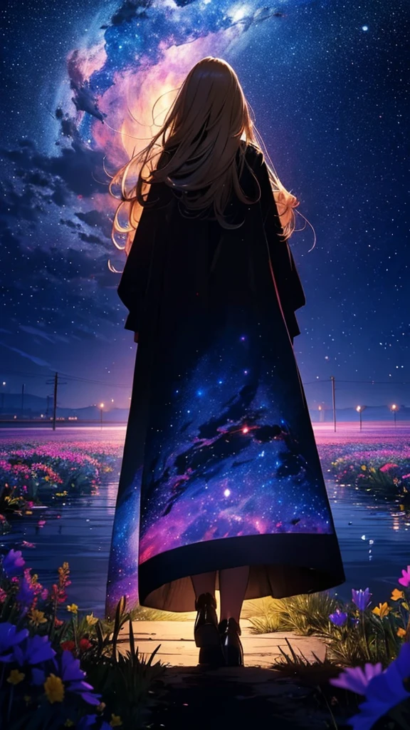 1people,Blonde long-haired woman,Long coat, Dress Silhouette, Rear View,Space Sky, Flower Field,Colorful flowers
