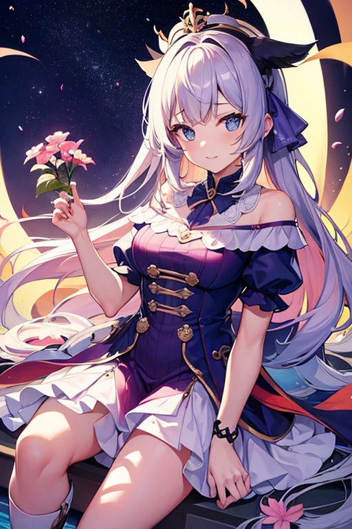 best quality, High_solve, clearly_image, Detailed background ,girl, Random wear,flower, Night Sky,Hook of Holland, Wide-angle lens,Shy laugh, crown, 穿着仙女服装的美丽的girl, 被鲜flower和蝴蝶包围. content: watercolor. style: Strange and exquisite, Like a ren's book illustration.Large Breasrge areola:1), , face_V1:0.5) blush