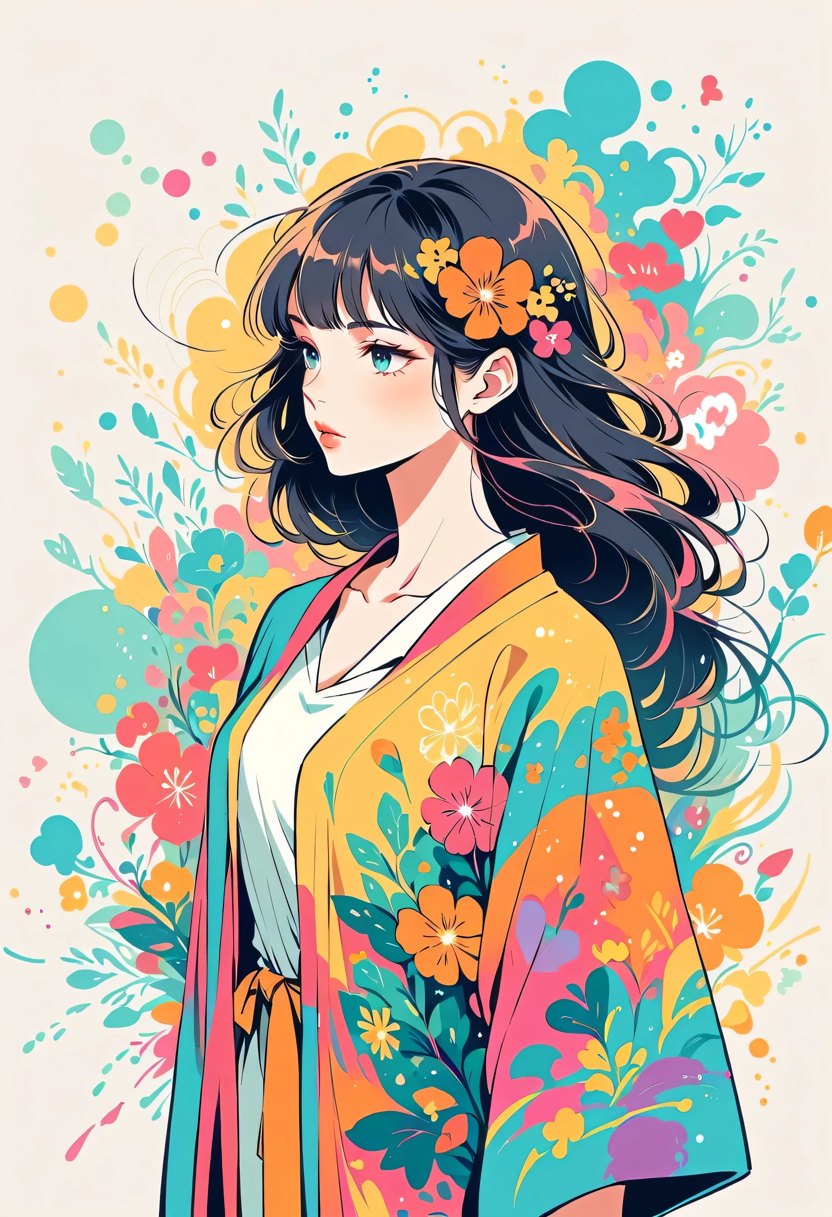 Watase Seizo style, Standing in front of a high wall,Simple Line Initialism,Abstract art,Urban Background, (((The most beautiful girl))), Lips in Love, colorful flowers