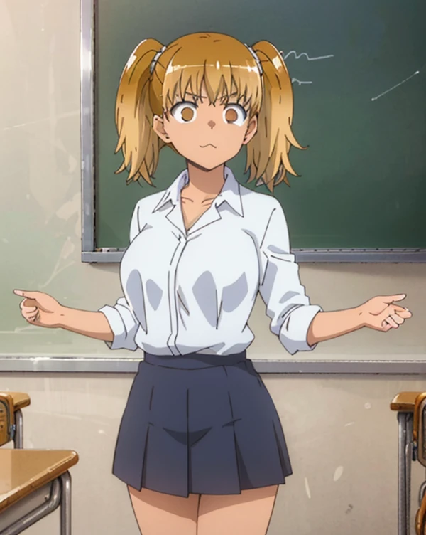 very detailed, high quality (medium long shot), illustration from the anime Ijiranaide Nagatoro San, very voluptuous body, looking forward, empty classroom, standing in front of the blackboard, thick thighs.
