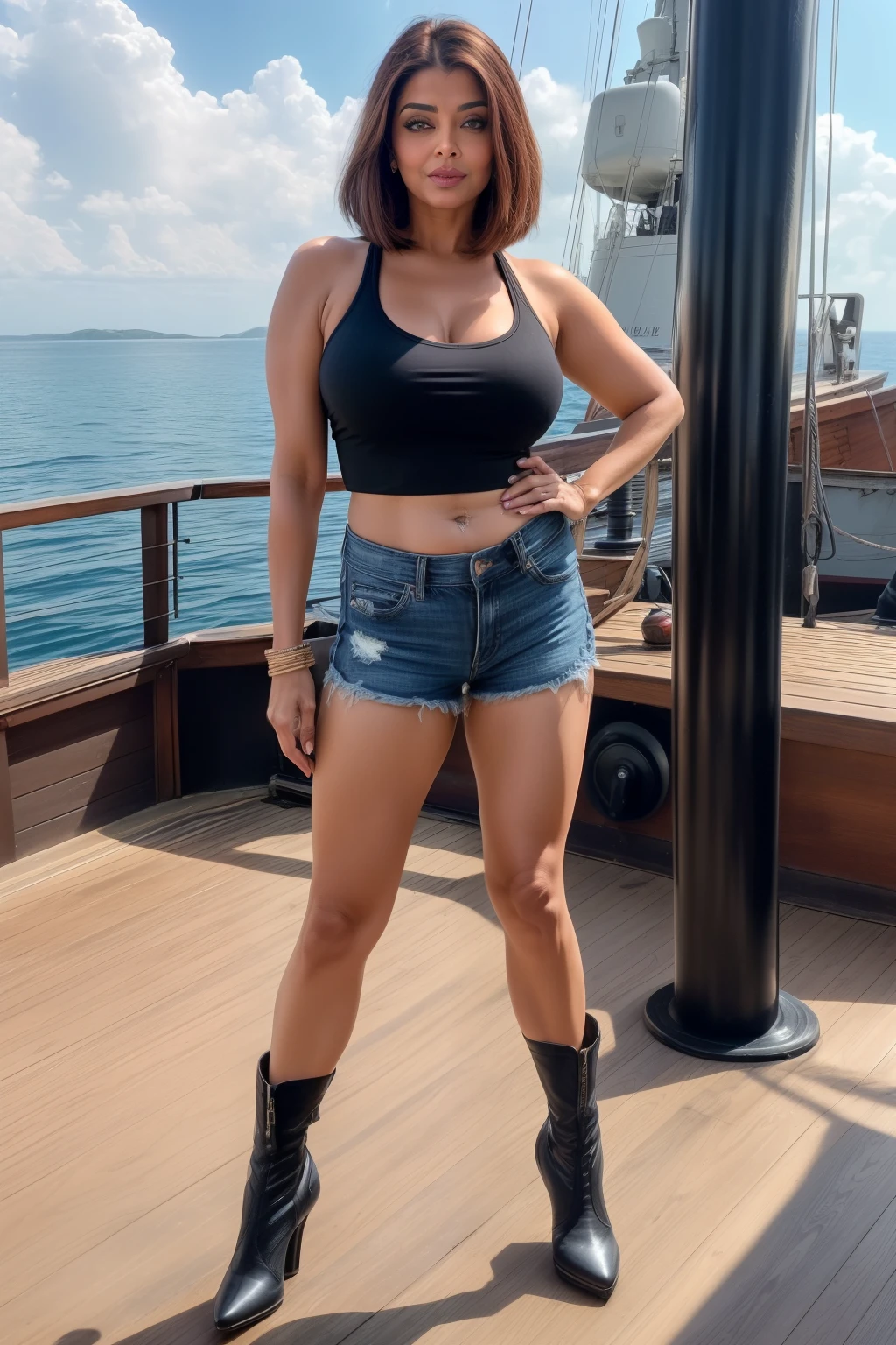 Full body photo of SEXY 50YO MATURE MILF AISHWARYA RAI as FITNESS MODEL, (((removing clothes))), ((black denim shorts with tight shirt)), ((ankle boots)), (((seductive posing in ship deck))), sunny day scene, mature hourglass figure, cleavage show, look straight at camera, ((bob cut hair)), sexy 50 yo mature MILF, soft volumetric lights, intricate details, (ArtStation:1.2)