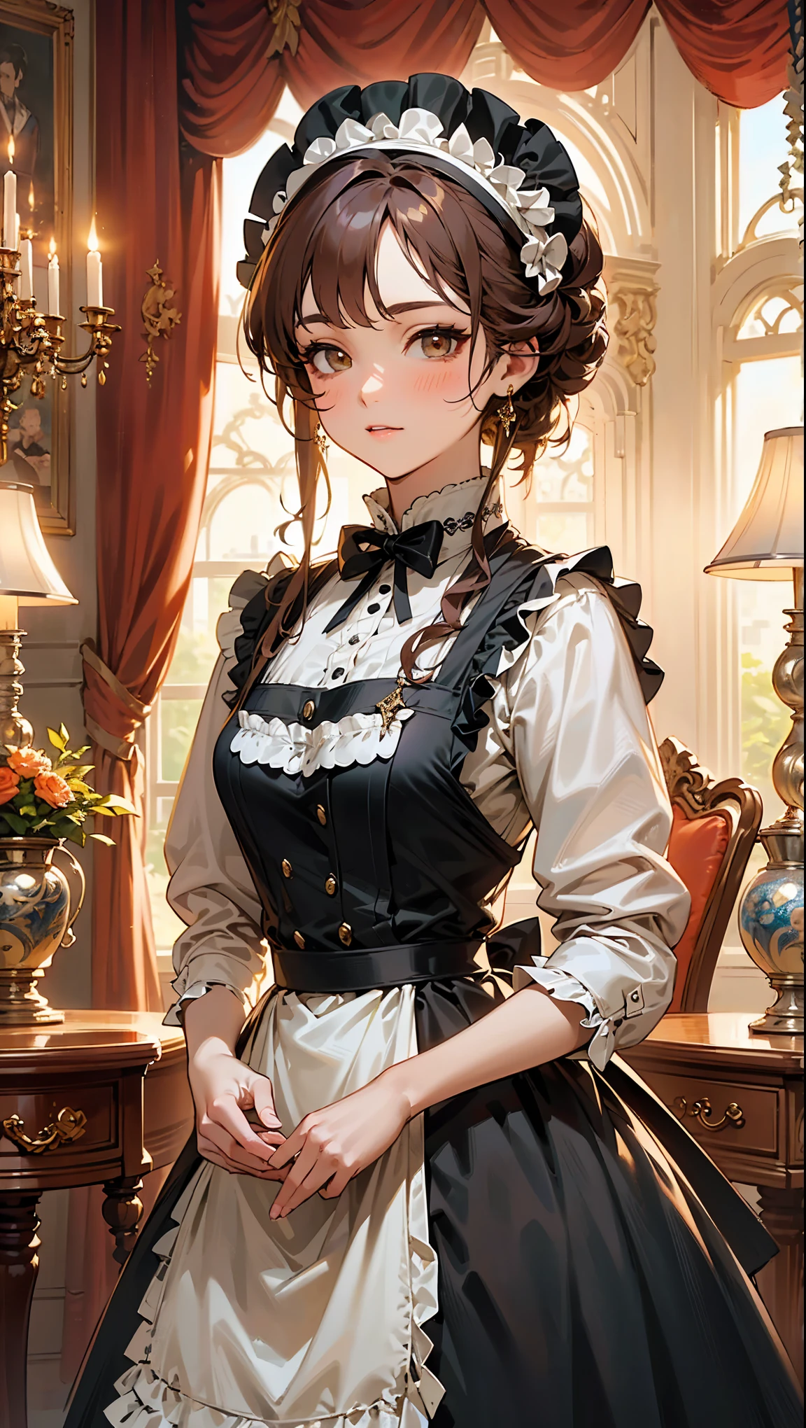 (1 Female:Dressed in maid uniform:beautiful:Perfect Face),The best configuration,Best color balance,Create an image of a classical maid holding a tea set in a luxurious Victorian living room. The maid should be wearing a traditional black and white maid outfit with a frilly apron and a simple headband. She has a calm and graceful expression. The living room is opulently decorated with rich furnishings. There is a large window in the background through which sunlight is streaming in, casting a warm glow over the room. The room features ornate wallpaper, heavy curtains, a grand chandelier, and antique furniture including a polished wooden table and upholstered chairs. The overall atmosphere is elegant and refined.,Disorganized,Zentangle,rendering,antique,Rich colors,Intricate details,Very detailed,Carefully draw down to the smallest detail,beautiful光と影,Reality,highest quality,夢のようにbeautiful,,Anatomically correct,Perfect proportions,Frills,race,