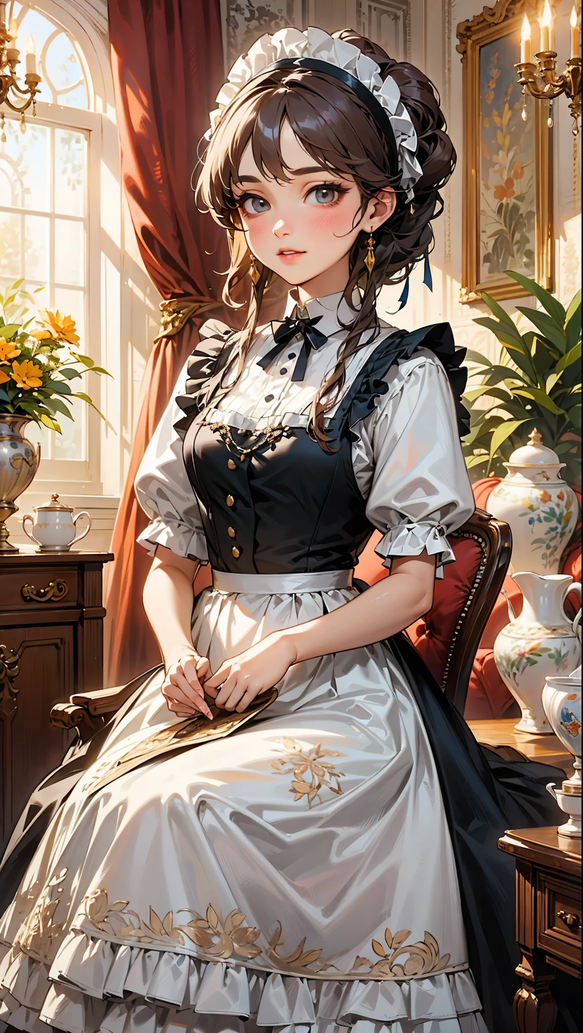 (1 Female:Dressed in maid uniform:beautiful:Perfect Face),The best configuration,Best color balance,Create an image of a classical maid holding a tea set in a luxurious Victorian living room. The maid should be wearing a traditional black and white maid outfit with a frilly apron and a simple headband. She has a calm and graceful expression. The living room is opulently decorated with rich furnishings. There is a large window in the background through which sunlight is streaming in, casting a warm glow over the room. The room features ornate wallpaper, heavy curtains, a grand chandelier, and antique furniture including a polished wooden table and upholstered chairs. The overall atmosphere is elegant and refined.,Disorganized,Zentangle,rendering,antique,Rich colors,Intricate details,Very detailed,Carefully draw down to the smallest detail,beautiful光と影,Reality,highest quality,夢のようにbeautiful,,Anatomically correct,Perfect proportions,Frills,race,