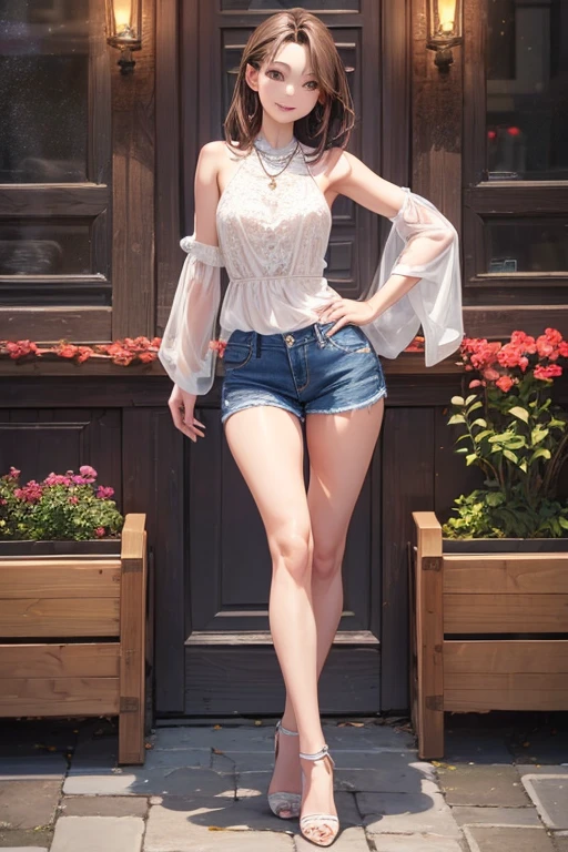(full body:1.4). Gorgeous hapa woman, with light brown hair.(short),(pale:1.3), beautiful figure,(smile:1.1), Lace top, skinny jeans, high heels, necklace.
