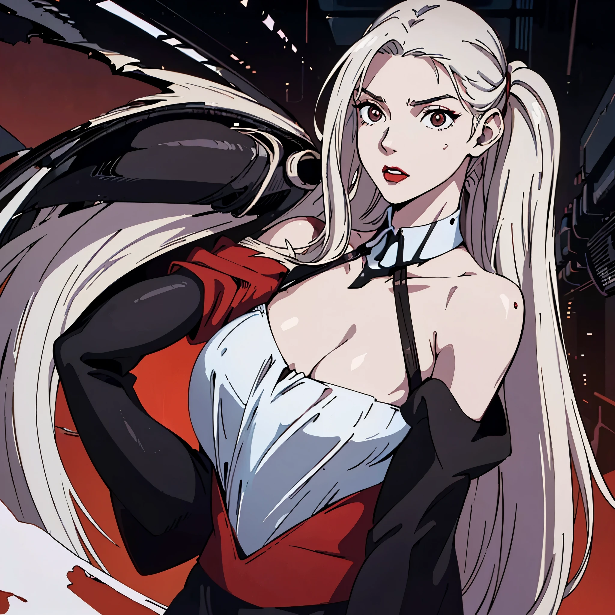 digital art drawing, illustration of (woman, long white hair mid part, brown eyes, sexy facial expression, black clothes, deep v neck body suit, flat chest, red lips, cyberpunk, plain red background), anime drawing/art, bold linework, illustration, digital art, masterpiece, flat illustration, no shadows, 8k resolution, high detail, vector art, only anime, perfect eyes, perfect hands, perfect fingers, sharpness, high clarity, medium shot, high fidelity
