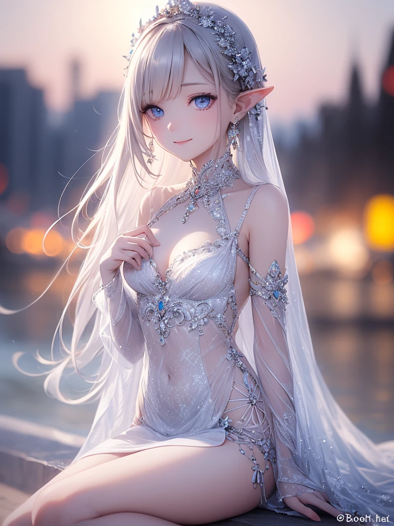 (master piece),(4k),high quality,flat chest,1girl,elf,long silver hair,pale skin,smile,beautiful detailed blue eyes, (Highly detailed elegant), Magical colors and atmosphere, Detailed skin,The background is soft and blurry,Add a dramatic and symbolic element to your scene, Depth of written boundary, Bokeh, Silky to the touch, Hyper Detail,sitting,in white beach,multilayered outfit