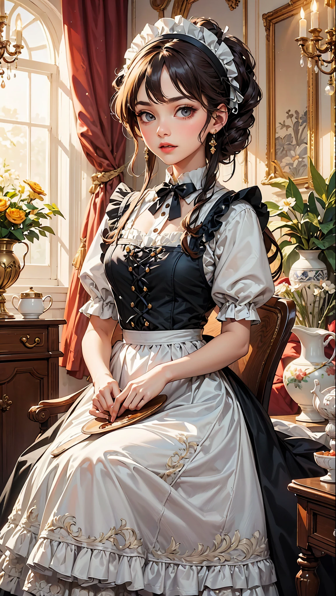 (1 Female:Dressed in maid uniform:beautiful:Perfect Face),The best configuration,Best color balance,Create an image of a classical maid holding a tea set in a luxurious Victorian living room. The maid should be wearing a traditional black and white maid outfit with a frilly apron and a simple headband. She has a calm and graceful expression. The living room is opulently decorated with rich furnishings. There is a large window in the background through which sunlight is streaming in, casting a warm glow over the room. The room features ornate wallpaper, heavy curtains, a grand chandelier, and antique furniture including a polished wooden table and upholstered chairs. The overall atmosphere is elegant and refined.,Disorganized,Zentangle,rendering,antique,Rich colors,Intricate details,Very detailed,Carefully draw down to the smallest detail,beautiful光と影,Reality,highest quality,夢のようにbeautiful,,Anatomically correct,Perfect proportions,Frills,race,