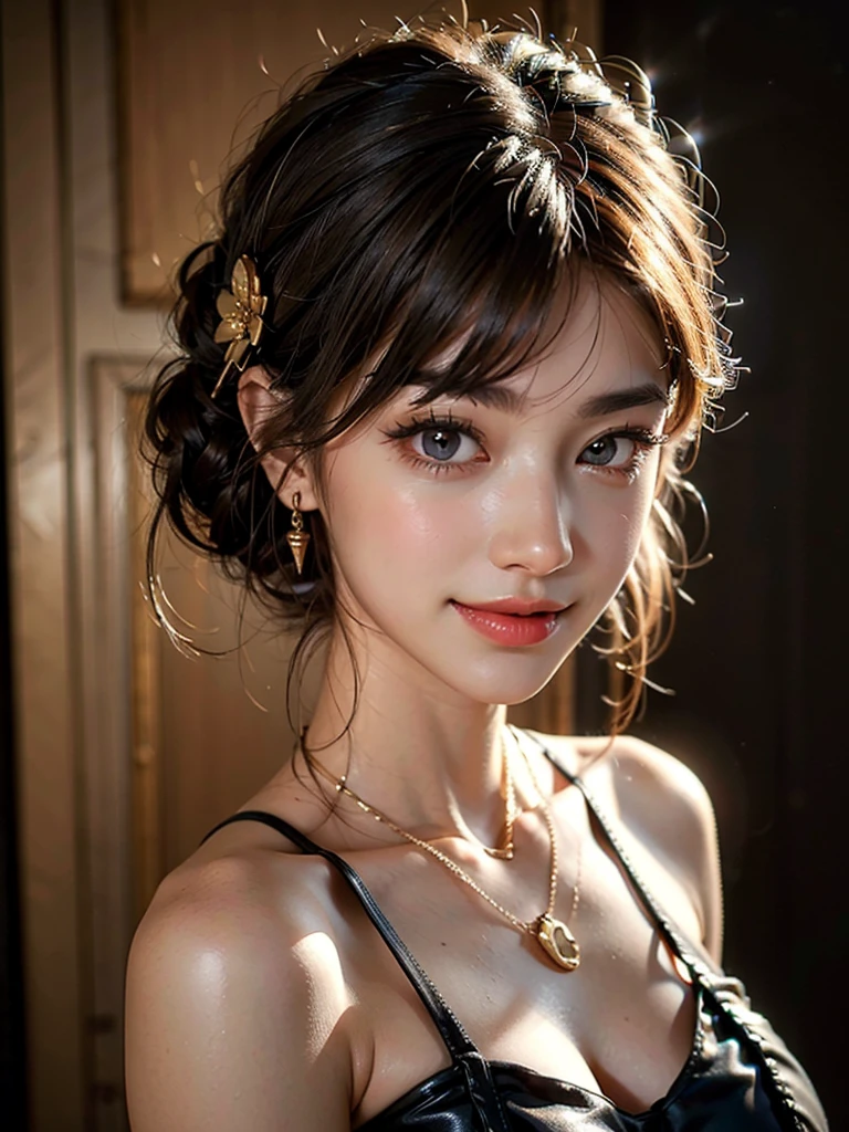 beautiful detailed eyes, beautiful detailed lips, extremely detailed face and eyes, long eyelashes, attractive features, flawless skin, light brown hair, tight waist, stylish black dress, necklace, 8k, highres, masterpiece, best quality, photorealistic, vivid colors, Random pose,nice smile