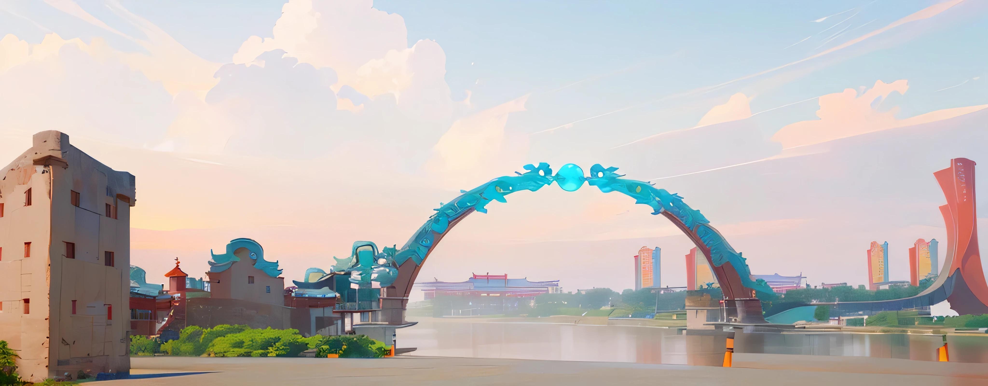 There is a dragon statue in the middle of the bridge, Guangjian, baotou china, Huanglongtou Festival, Beijing, Guangjian huang, nanquan, Rendering, ruanjia, nice images, information, Beautiful Rendering of Blue Green, Shenzhen, Detailed screenshots, Chinese 3D Dragon, Background artwork, Chinese Architecture, Miyazaki style，masterpiece，Ultra-high detail，high resolution，8K
