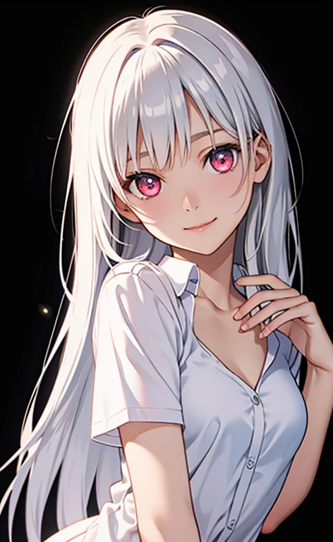 (Photorealistic:1.4)、asuna,(masterpiece、lens flare:1.5、spot light:1.2、Exquisite beautiful eyeonochrome:1.5,portlate、)、Cute Face、 3D Face、(pearl white hair:1.5、Straight Hair)、(),(1 Girl)、(Red eyes:1.2)、(cowboy shot)、(fingersmile),(clavicle:1.2)、 (Cute face:1.2),(small breasts),(),kind face,(pearl white collared shirt),(black background:1.5)、(glowing eyes:1.3)、()、 Neat and clean、Adorable、Slim Body(Tareme:1.5),Shiny Hair、(Glowing pink Skin)、Nijisketch,Manga,zydG