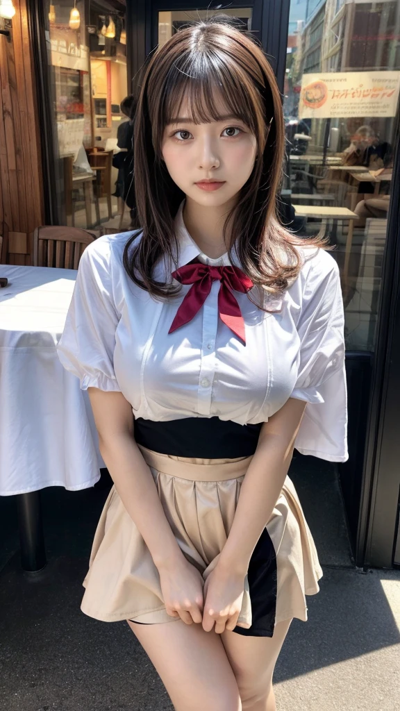 masterpiece, best quality, illustration, Super detailed, fine details, High resolution, 8K,wall paper, perfect dynamic composition,(Details High quality, realistic depiction of eyes:1.3), waitress uniform, restaurant, huge breasts, short bob hair、black hair color, Big Natural Color Lip, (perfect body shape), crying a little、cold gaze, Harajuku style、20 year old girl、cute type、lolita、beautiful legs, focus on crotch, full body photo, gravure idol