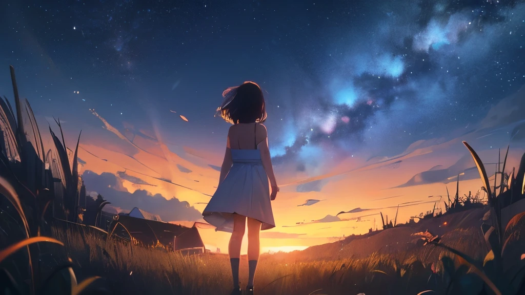 {{{masterpiece}}, {{{highest quality}, {{Very detailed}}, {shape}, {{an extremely delicate and beautiful}}, beautiful milky way, Night Sky, Wide sky, Mysterious, Deep sky, Falling Sky, Traveling woman, White long dress,Back view, girl looking at Night Sky, In the way, 8k, Morning is approaching, The sky is about to be swallowed, the Morning is approaching, The night is over, The beginning is near, Deep Darkness, Cinematic, Mysterious, wonderful, beautiful,