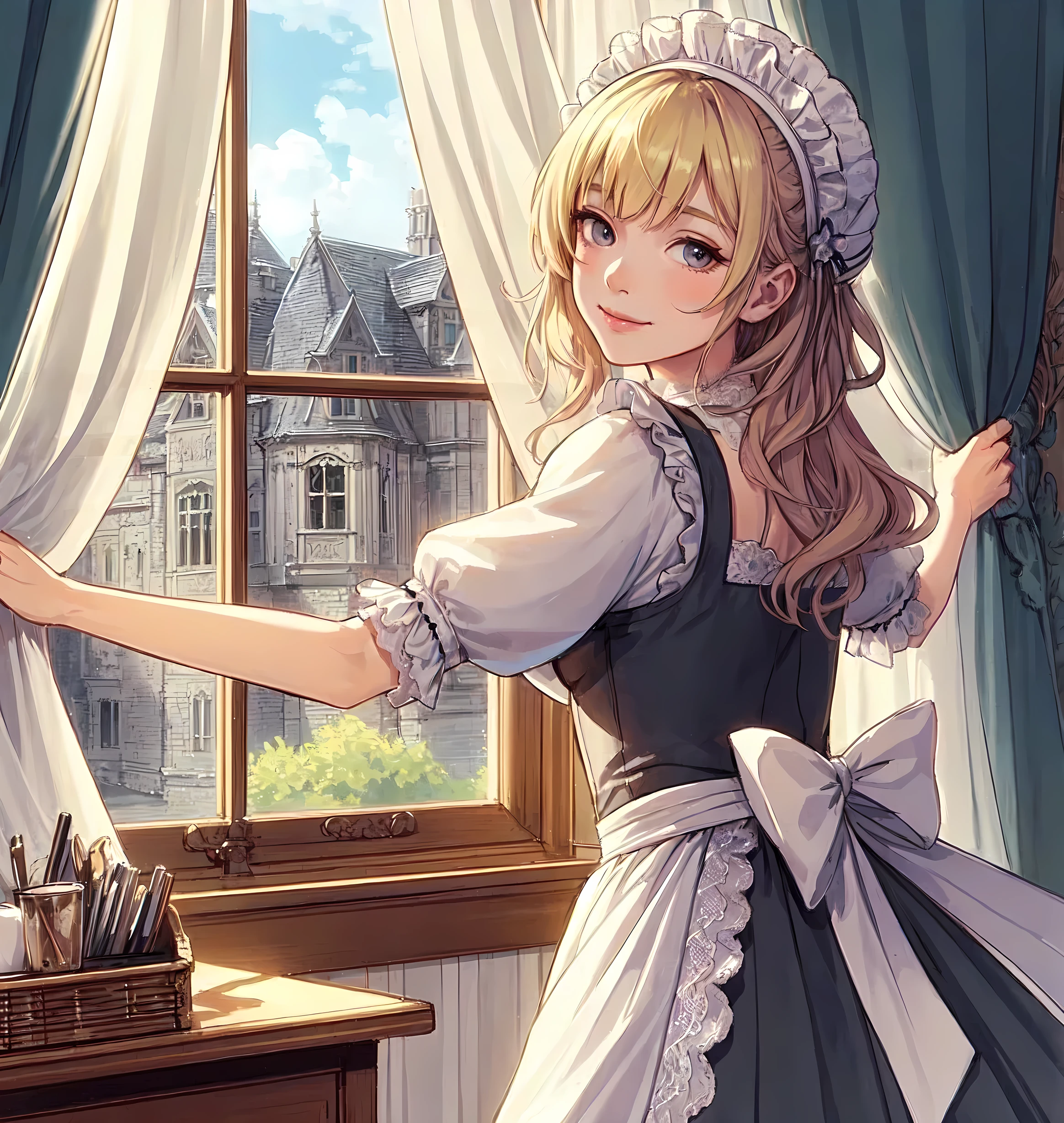 1lady solo, standing, (looking back) (from behind), (opening curtain set on the window), female servant, (maid outfit) classical, (calm attire), (long skirt), mature female, /(blond hair/) bangs, kind smile, (looking at viewers), (masterpiece best quality:1.2) delicate illustration ultra-detailed BREAK (mansion) medieval European, indoors, window, soft sunlight, noon, detailed background