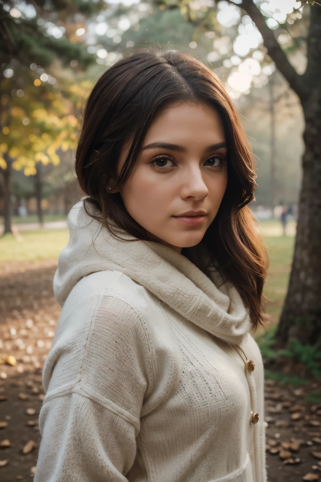 fotografia profissional de retrato de uma linda garota em roupas de inverno com cabelos castanhos longos e ondulados, olhar sensual e sedutor, beautiful symmetrical face, linda maquiagem natural, wearing elegante warm winter fashion clothing, ((parado do lado de fora no parque nevado)), ambiente deslumbrante, ultra realistic, arte conceitual, elegante, altamente detalhado, intricado, sharp focus, profundidade de campo, f/1. 8, 85mm, medium shot, meio do tiro, (((professional color grading))), luz difusa suave e brilhante, (volumetric fog), Trends on Instagram, hd 4k, 8K