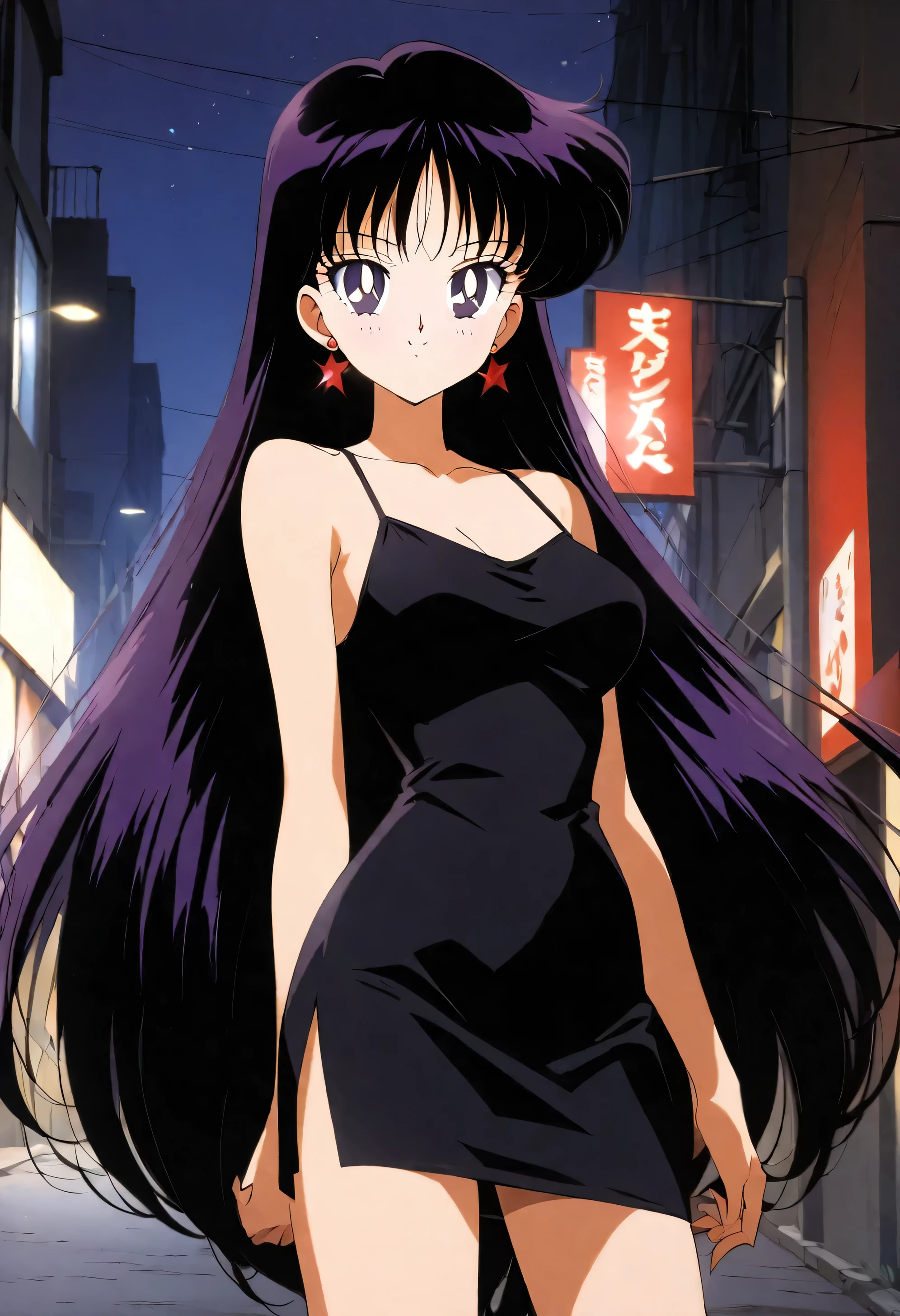 aamars, very long hair, black hair, parted bangs, purple eyes, 1990s \(style\), 1 girl, solo, Best quality, masterpiece, High Definition, taut dress, spaghetti strap, black dress, sleeveless, night, street, standing, cowboy shot, medium breast, smile,