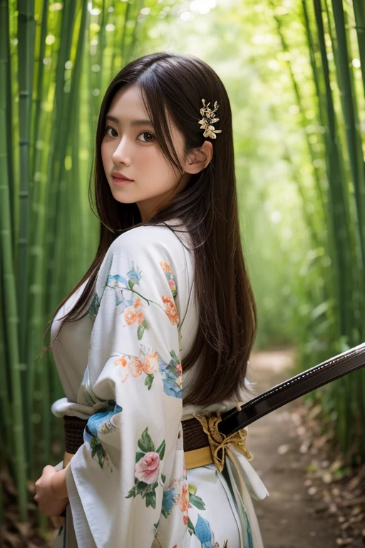 ((Holding a sword)))、(((Tears running down my cheeks)))、Beautiful Japanese Supermodel Women, Hair with subtle highlights,Long Hair、 Iris, sexy，Bamboo forest background，Gorgeous kimono （Floral）, Backlit shooting，perfect face lighting，Mixed Media,((Full Body Shot))