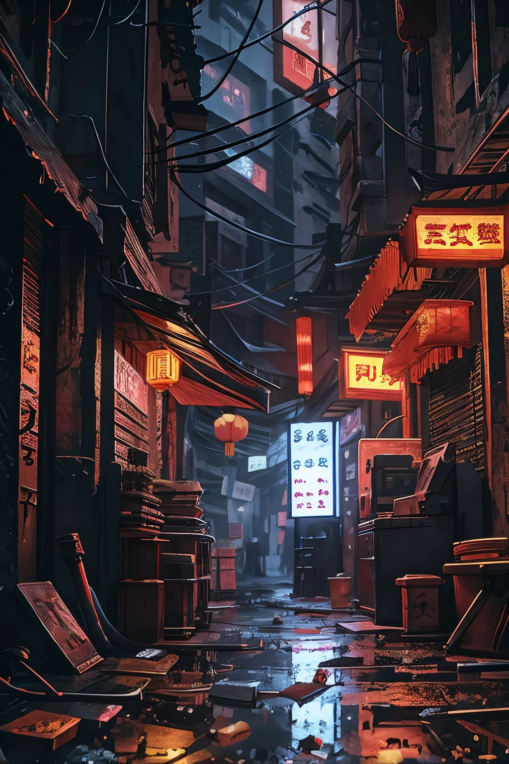 CyberLane,lane,(chinese_zodiac:1.5),trash bag,(blue_neon:1.45), no humans, ground vehicle, motor vehicle, blurry, car,closed_door,,