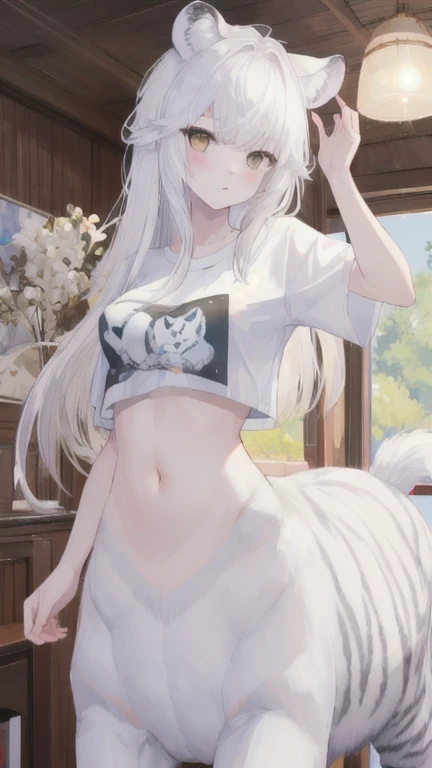 (best quality, masterpiece), 1 girl, centaur, It takes,White skin, belly button t-shirt, 아름다운 소녀 perfect white tiger photo, perfect white tiger photo