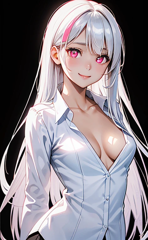 (Photorealistic:1.4)、asuna,(masterpiece、lens flare:1.pot light:1.2、Exquisite beautiful eyeonochrome:1.5,portlate、)、Cute Face、 3D Face、(pearl white hair:1.5、Sight Hair)、(),(1 Girl)、(Red eyes:1.2)、(cowboy shot)、(fingersmile),(clavicle:1.2)、 (Cute face:1.2),(small breastind face,(pearl white collared shirt),(black background:1.5)、(glowing eyes:1.3)、()、 Neat and clean、Adorable、Slim Body(Tareme:1.5),Shiny Hair、(Glowing pink Skin)、Nijisketch,Manga,zydG