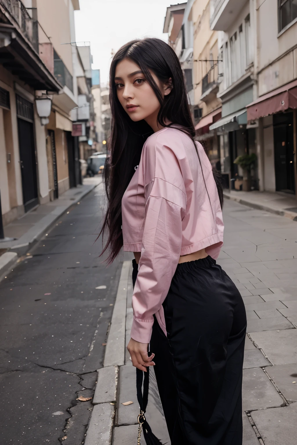 Pink eyes, black neck length hair, kny girl, fouzhia color haori, baggy pants, long lashes
