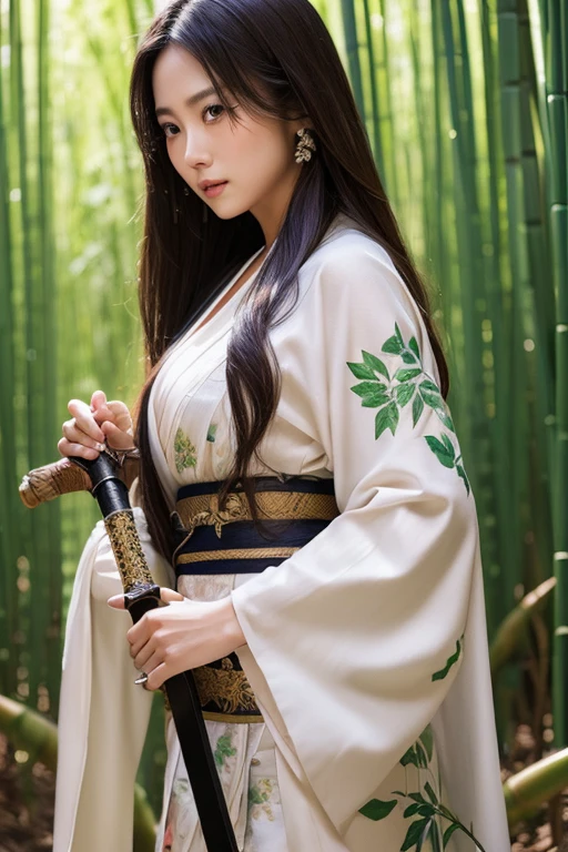 ((Holding a sword)))、(((Tears running down my cheeks)))、Beautiful Japanese Supermodel Women, Hair with subtle highlights,Long Hair、 Iris, sexy,Bamboo forest background,Gorgeous kimono (Floral), Backlit shooting,perfect face lighting,Mixed Media,((Full Body Shot))