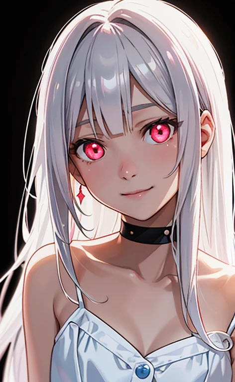 (Photorealistic:1.4)、asuna,(masterpiece、lens flare:1.5、spot light:1.2、Exquisite beautiful eyeonochrome:1.5,portlate、)、Cute Face、 3D Face、(pearl white hair:1.5、Straight Hair)、(),(1 Girl)、(Red eyes:1.2)、(cowboy shot)、(fingersmile),(clavicle:1.2)、 (Cute face:1.2),(small breasts),(),kind face,(pearl white　collared shirt),(black background:1.5)、(glowing eyes:1.3)、()、 Neat and clean、Adorable、Slim Body(Tareme:1.5),Shiny Hair、(Glowing pink Skin)、Nijisketch,Manga,zydG