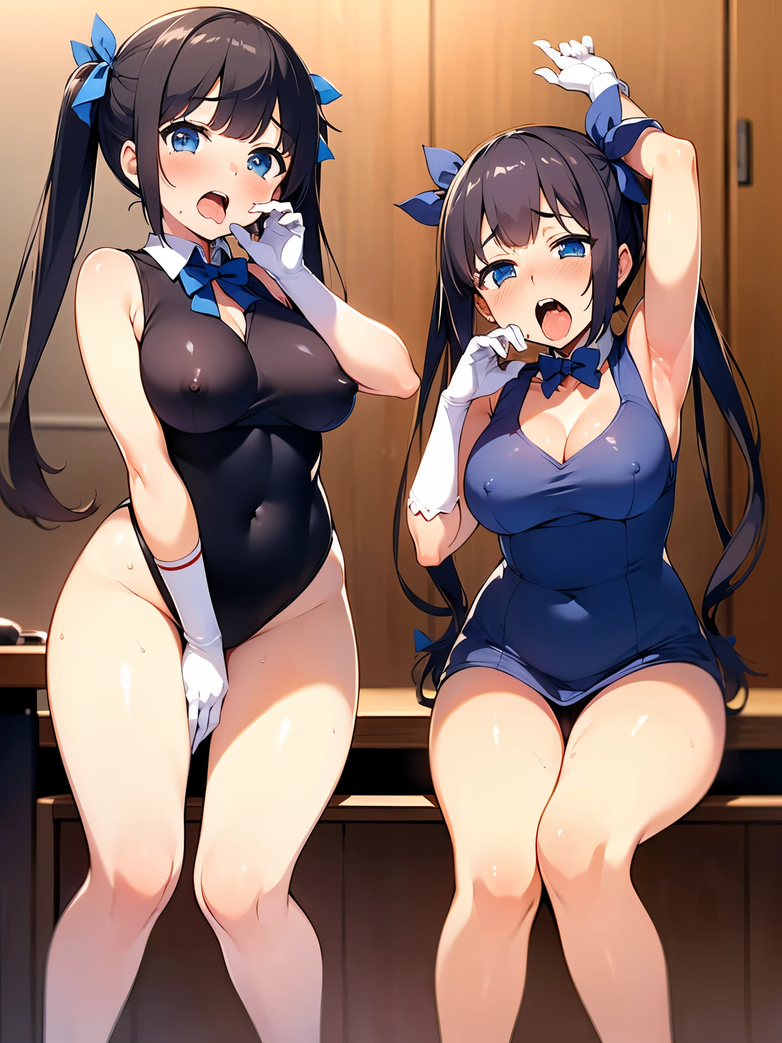 NSFW,Defestia,Black Hair,Twin tails,hair ornaments、White Dress、Blue bow tie、Cleavage cutout、Blue ribbon、Arm ribbon、Short dress,White gloves,(Perfect hands),(Perfect Anatomy),(masterpiece),(highest quality),Tension,Embarrassed,blush,(Brothel:1.5),soap,Open your mouth,Blowjob gestures