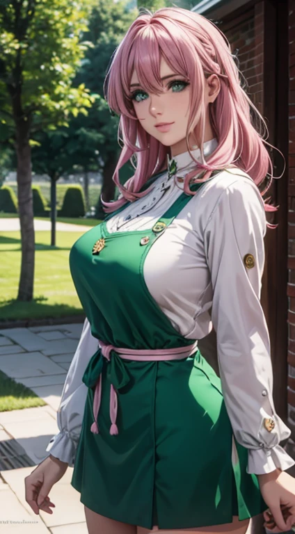 Cute Italian girl, big breasts , Italian lady, Model, long open hair, hair floating, green color full sleeve clothes, white apron, open neckline, green eyes and pink hair, short skirt, ultra realistic eyes , sunlight and garden background, bright purple eyes, ultra realistic detailed eyes, innocent eyes, looking at camera, beautiful smile, beautiful face ,pink color hair