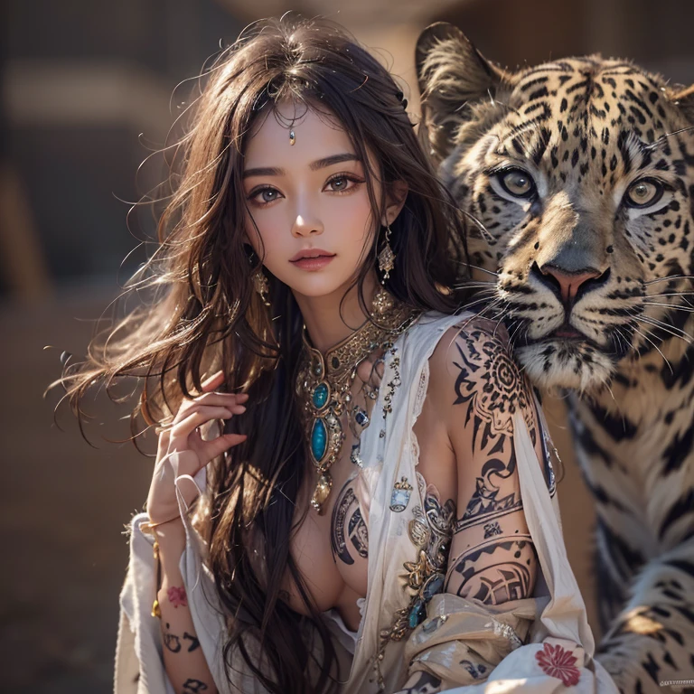 Hiding in the desert、Hair flow、 ((highest quality、masterpiece、8k、Best image quality、Ultra-high resolution、Award-winning works)、(Accurate anatomy:1.1)、(Look at me and smile:1.1)、Shining fair skin with Ultra-high resolution、The most detailed face、Ultra-high resolution detailed face、Ultra-high resolution hair、(Ultra-high resolutionのeyes :1.1)、Beautiful face drawn in every detail、(Blurred Background:1.1)、Ancient Islamic clothing, Chest to chest, tattoo, Old ruins in the background、Black leopard