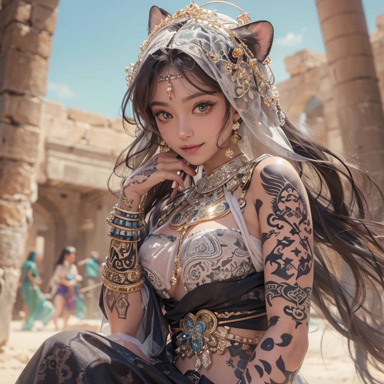 Hiding in the desert、Hair flow、 ((highest quality、masterpiece、8k、Best image quality、Ultra-high resolution、Award-winning works)、(Accurate anatomy:1.1)、(Look at me and smile:1.1)、Shining fair skin with Ultra-high resolution、The most detailed face、Ultra-high resolution detailed face、Ultra-high resolution hair、(Ultra-high resolutionのeyes :1.1)、Beautiful face drawn in every detail、(Blurred Background:1.1)、Ancient Islamic clothing, Chest to chest, tattoo, Old ruins in the background、Black leopard 