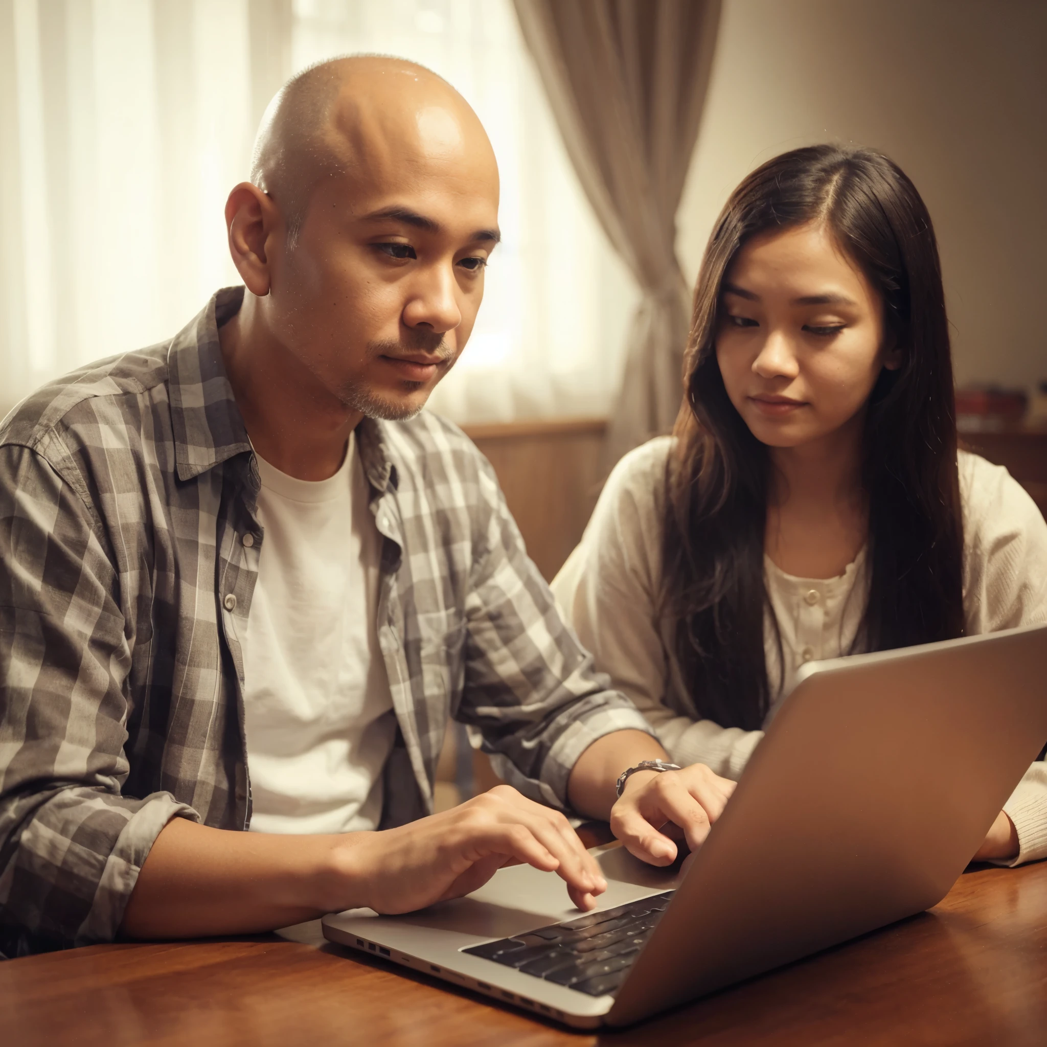 reslistic photo, depicts two individuals seated in front of a laptop. The person on the left is an indonesian man, 35 year old, bald head, wearing a plaid shirt, and is using the laptop's keyboard. The person on the right is a young girl, 16 year old, has dark long hair, wear g a light-colored top. This scene could represent and the father on the family being assisted with technology, showcasing an intergenerational exchange or the engagement of senior with digital devices.