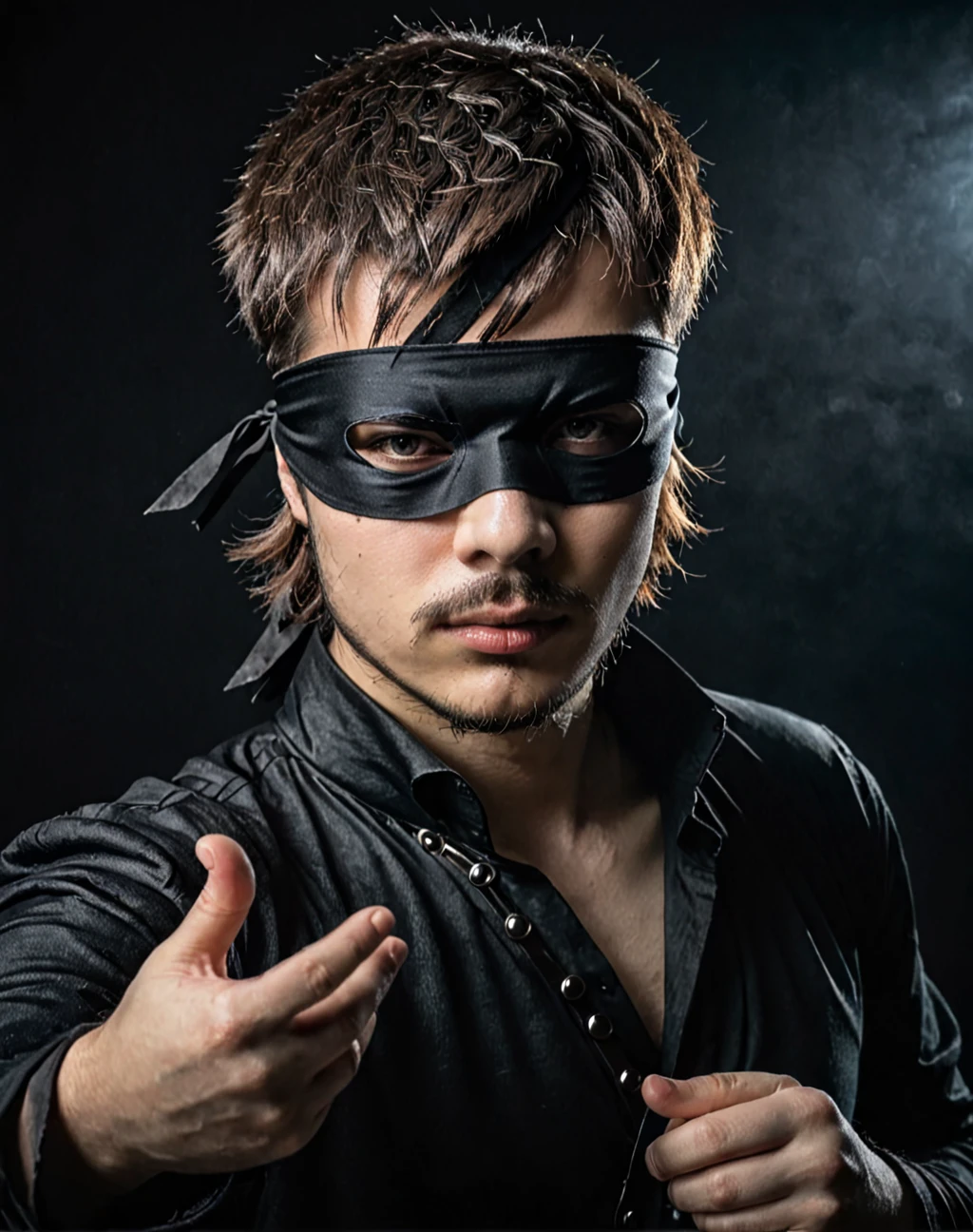 ErwanB with blindfold looks at the camera, he is in black photo studio with a dark fantasy cosplay, metal, cinematic light, EOS 1200D, F2.8, cinematic mode, studio light, rim light, no eyes