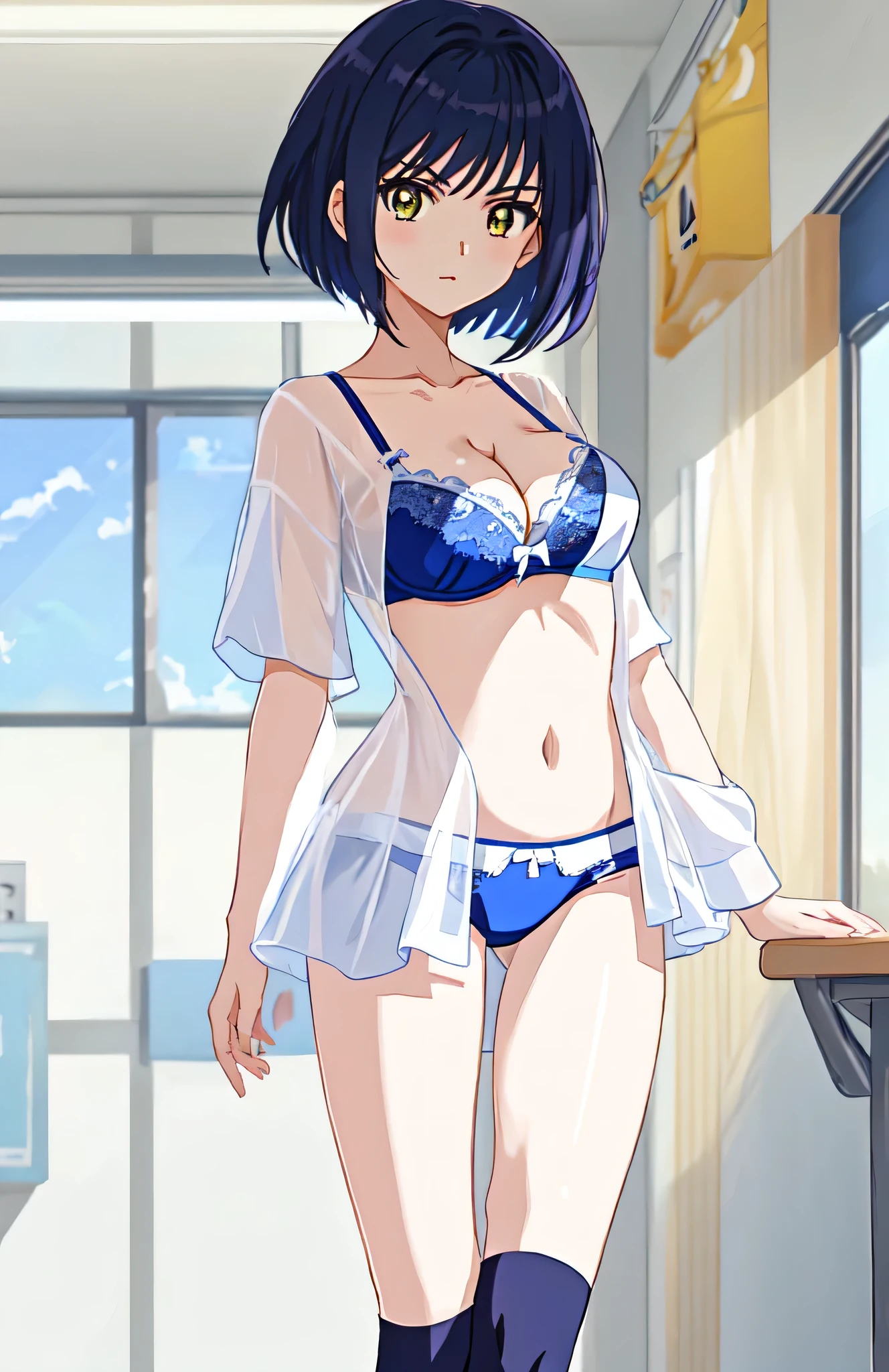 Anime Girls in a blue bra with a white lace trim and blue panty with a white bow、Woman with short dark blue hair、Yellow eyed woman、Bobcut、seductive anime women、clothing:Blue bra、Blue panties、Navy blue socks、Tall Woman、Cool vibe、Anime Moe Art Style、Big Breasts、A woman with very large breasts、(Anime Girls)、attractive Anime Girls、Naughty anime style、Beautiful attractive anime 、Smooth anime CG art、School classroom、indoor、cleavage、bra with an blue、panty with an blue、socks with an navy blue、whole body、Indoor shoes、A girl is standing、Digital anime art!!、Female focus、Perfect body、cool Anime Girls、Full Body、Best anime girl、solo、Underwear only、bra and panty only、8k!!、High resolution!!、Very detailed、perfect body、perfect fingers、perfect arms、perfect legs、