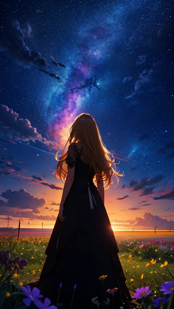1people々々々々々々々々々,Blonde long-haired woman, Dress Silhouette, Rear View,Space Sky, Flower Field,Colorful flowers