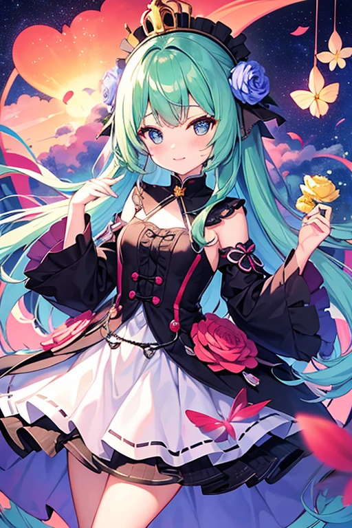best quality, High_solve, clearly_image, Detailed background ,girl, Random wear,flower, Night Sky,Hook of Holland, Wide-angle lens,Shy laugh, crown,  穿着仙女服装的美丽的girl, 被鲜flower和蝴蝶包围. content: watercolor. style: Strange and exquisite, Like a children&#39;s book illustration.Large Breasts, (Large areola:1), , (Pure face_V1:0.5) blush