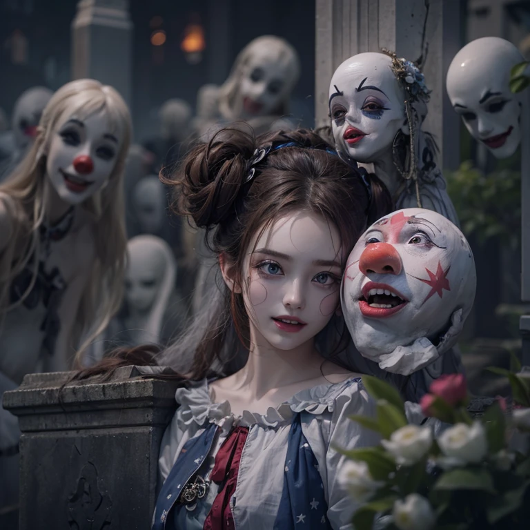 Standing in the grave、Hair flow、 ((highest quality、masterpiece、8k、Best image quality、Ultra-high resolution、Award-winning works)、(Accurate anatomy:1.1)、(Look at me and smile:1.1)、Shining fair skin with Ultra-high resolution、The most detailed face、Ultra-high resolution detailed face、Ultra-high resolutionの髪の毛、(Ultra-high resolution eye:1.1)、Beautiful face drawn in every detail、Cheerful clown costume, Chest to chest, Strange atmosphere, Ghosts flow, Dark Light, At the cemetery, Heavy makeup