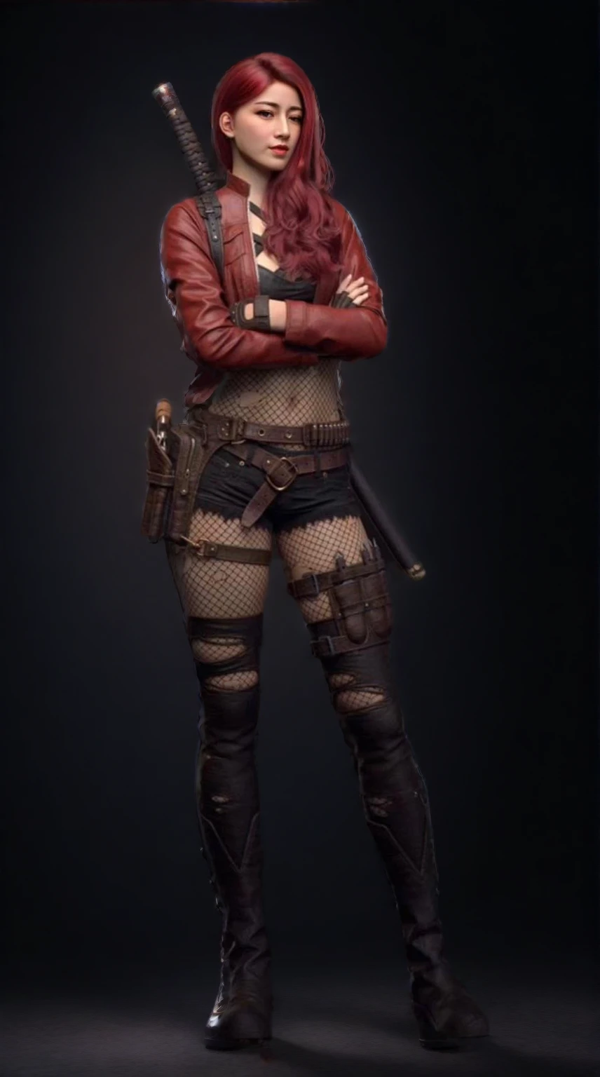une femme dans une veste rouge et un pantalon noir tenant une batte de baseball, assassin femme rouge, Harley Quinn standing, female lead character, concept de personnage de jeu vidéo, Personnage posant for concept art, concept de personnage réaliste, female character, Harley Quinn, Detailed whole body concept, Personnage posant, Cosplay Red Hood, unreal engine character art, concept de personnage complet du corps