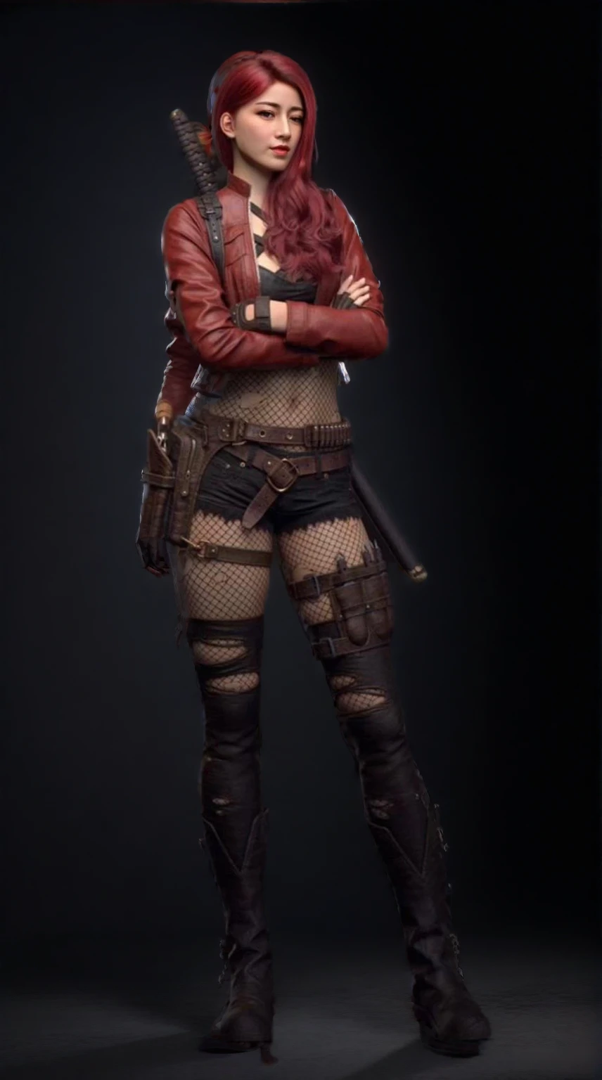 une femme dans une veste rouge et un pantalon noir tenant une batte de baseball, assassin femme rouge, Harley Quinn standing, female lead character, concept de personnage de jeu vidéo, Personnage posant for concept art, concept de personnage réaliste, female character, Harley Quinn, Detailed whole body concept, Personnage posant, Cosplay Red Hood, unreal engine character art, concept de personnage complet du corps