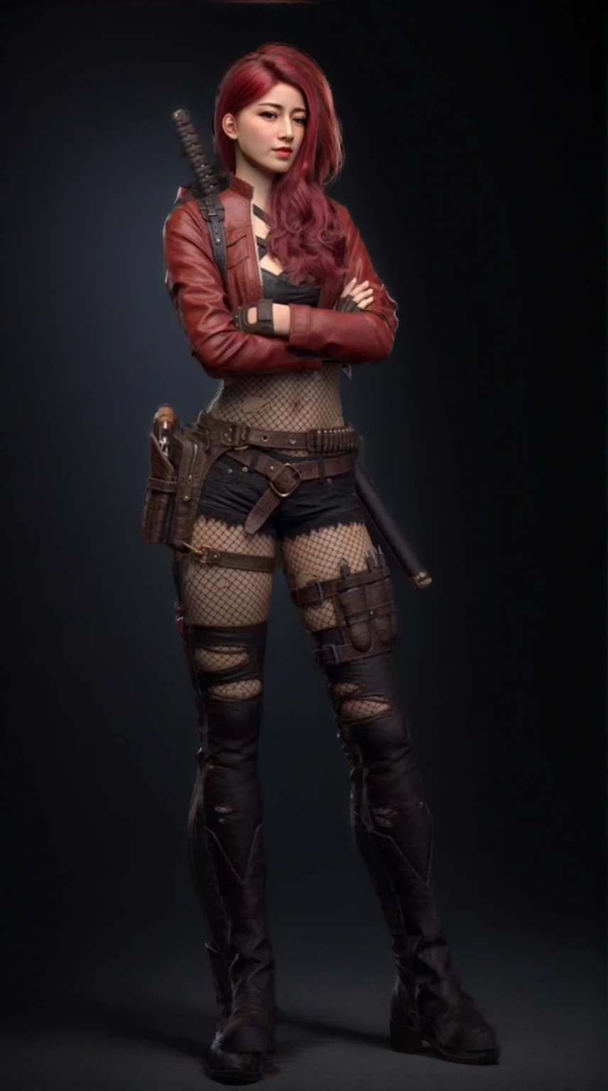 une femme dans une veste rouge et un pantalon noir tenant une batte de baseball, assassin femme rouge, Harley Quinn standing, female lead character, concept de personnage de jeu vidéo, Personnage posant for concept art, concept de personnage réaliste, female character, Harley Quinn, Detailed whole body concept, Personnage posant, Cosplay Red Hood, unreal engine character art, concept de personnage complet du corps