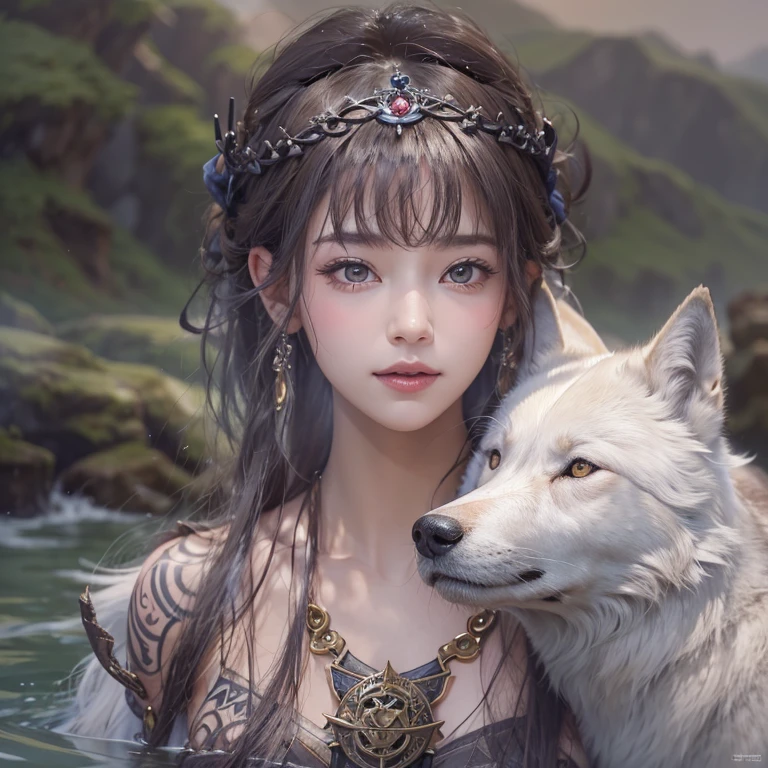 Lakeside surrounded by snowy mountains、Hair flow、 ((highest quality、masterpiece、8k、Best image quality、Ultra-high resolution、Award-winning works)、(Accurate anatomy:1.1)、(Look at me and smile:1.1)、Shining fair skin with Ultra-high resolution、The most detailed face、Ultra-high resolution detailed face、Ultra-high resolutionの髪の毛、(Ultra-high resolutionの煌めく瞳:1.1)、Beautiful face drawn in every detail、Ancient Viking clothing, Chest to chest, tattoo, A real wolf is by your side