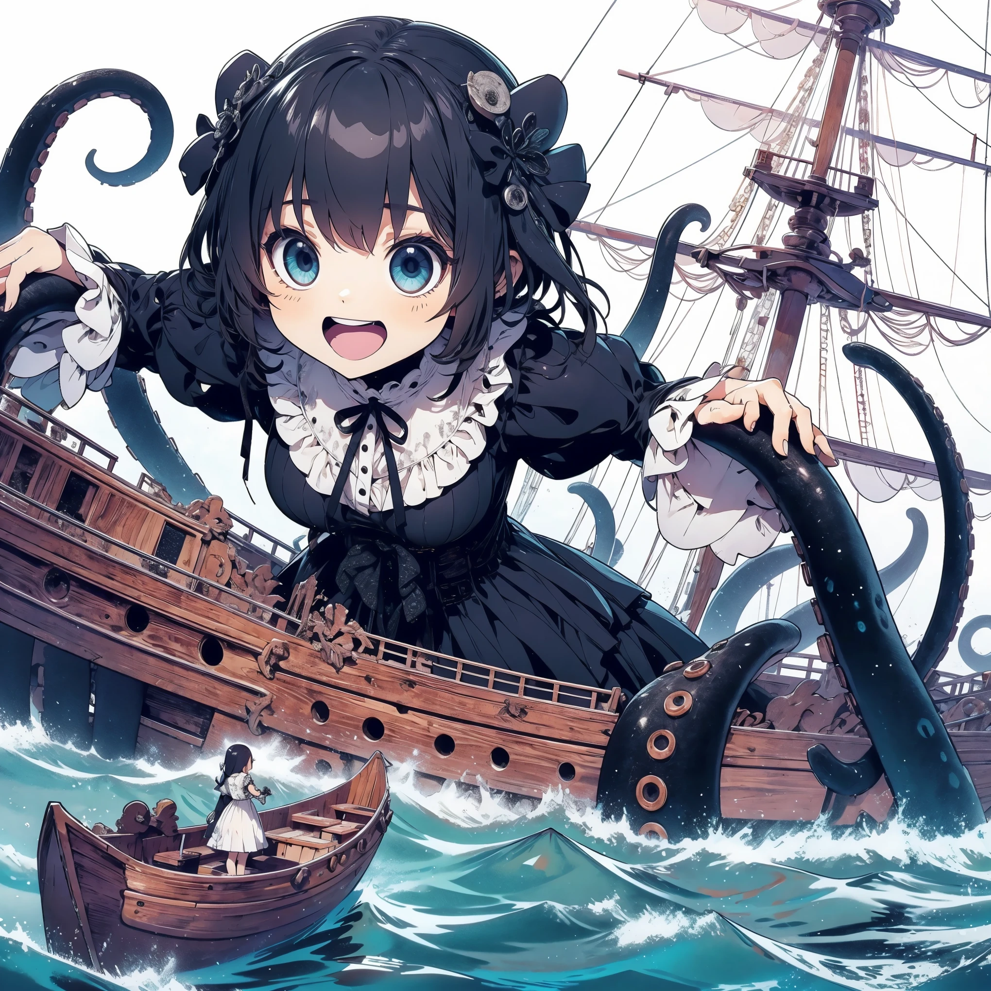 Giant girl leaning out of the sea. She wears a gothic dress. dress with ruffles. Innocent laughter.  Grab and sink the ship. Wooden boat. Tentacles extending from the sea. View from the ship.