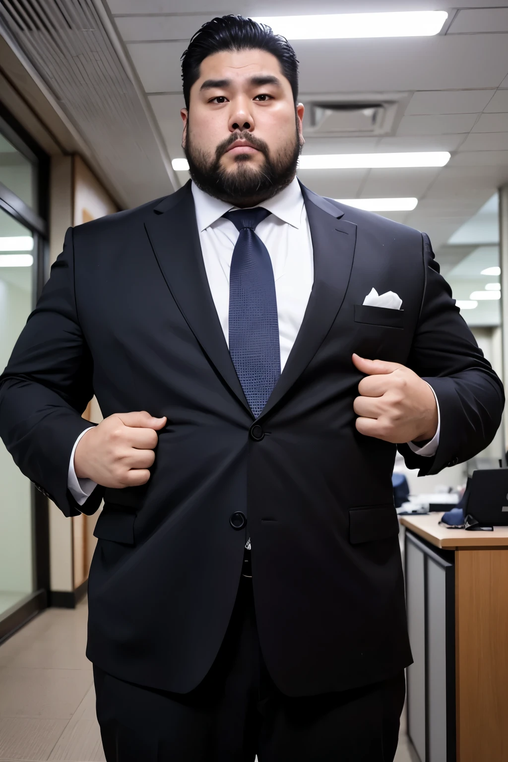 A large Japanese man wearing a black suit、Blue tie、whole body、office、Thick legs、Thick arm muscles、Intimidating、short hair、Detailed face、Frowning eyebrows、It&#39;s approaching、looking at the camera、Giant、Too big、A body size that doesn&#39;t look human、Clothes are tight、Only the beard is growing、smile、Raised crotch、Big belly