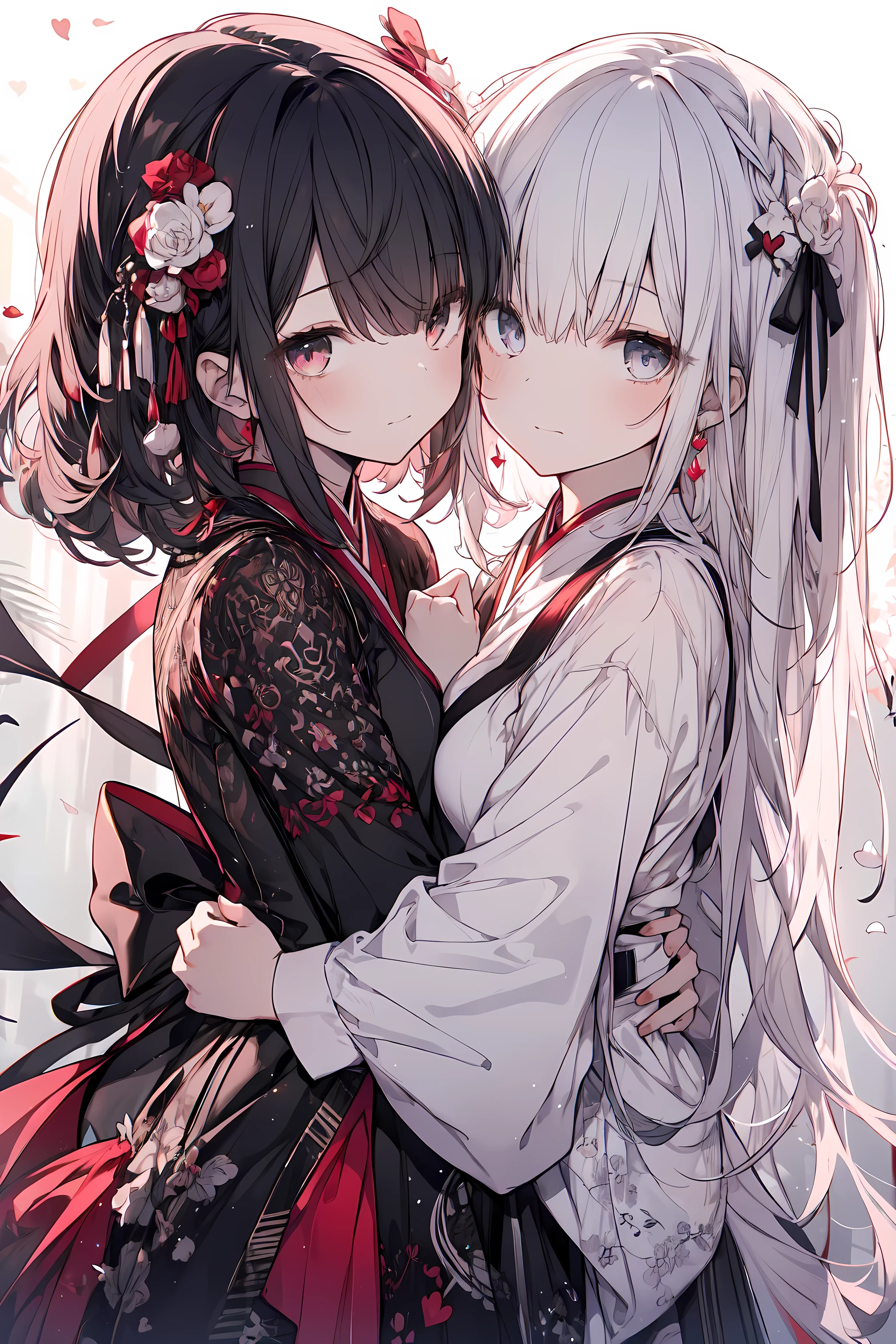 (masterpiece), highest quality, expressive eyes, Two girls standing next to each other, by Pu Hua, Featured on Art Station, gothic art, Black and white with red heart, Beautiful Gemini twins portrait, Streaming on Twitch, with long white hair, reddish, Hand in hand, anthro, beautifully rendered, hug