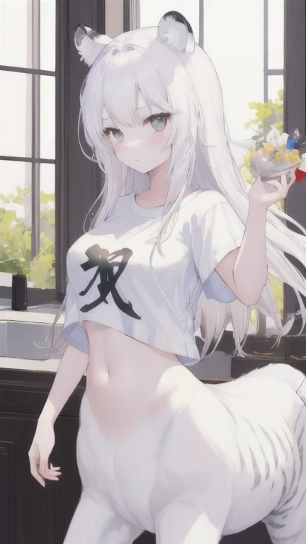 (best quality, masterpiece), 1 girl, centaur, It takes,White skin, belly button t-shirt, 아름다운 소녀 perfect white tiger photo, perfect white tiger photo