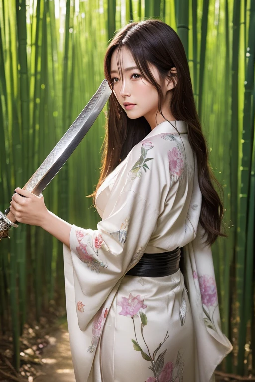 ((Holding a sword)))、(((Tears running down my cheeks)))、Beautiful Japanese Supermodel Women, Hair with subtle highlights,Long Hair、 Iris, sexy,Bamboo forest background,Gorgeous kimono (Floral), Backlit shooting,perfect face lighting,Mixed Media,((Full Body Shot))