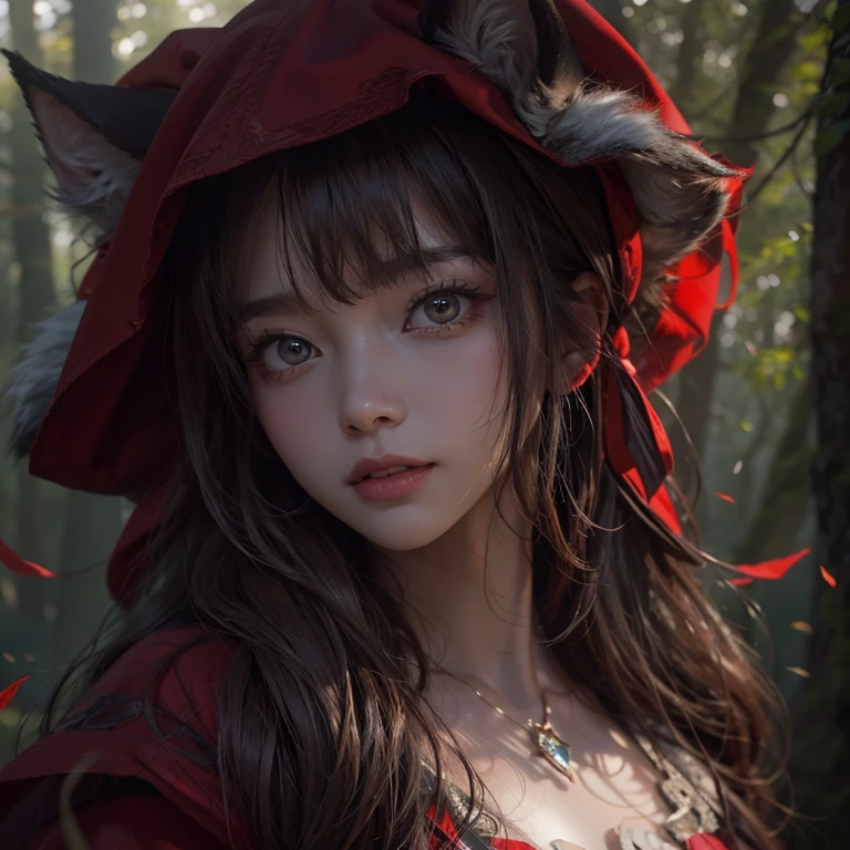 Standing in the forest、Hair flow、 ((highest quality、masterpiece、8k、Best image quality、Ultra-high resolution、Award-winning works)、(Accurate anatomy:1.1)、(Look at me and smile:1.1)、Shining fair skin with Ultra-high resolution、The most detailed face、Ultra-high resolution detailed face、Ultra-high resolutionの髪の毛、(Ultra-high resolution eye:1.1)、Beautiful face drawn in every detail、little red riding hood　Costumes , Chest to chest,  Strange atmosphere, A real werewolf stares at her....., Dark Light, in the forest , Heavy makeup 